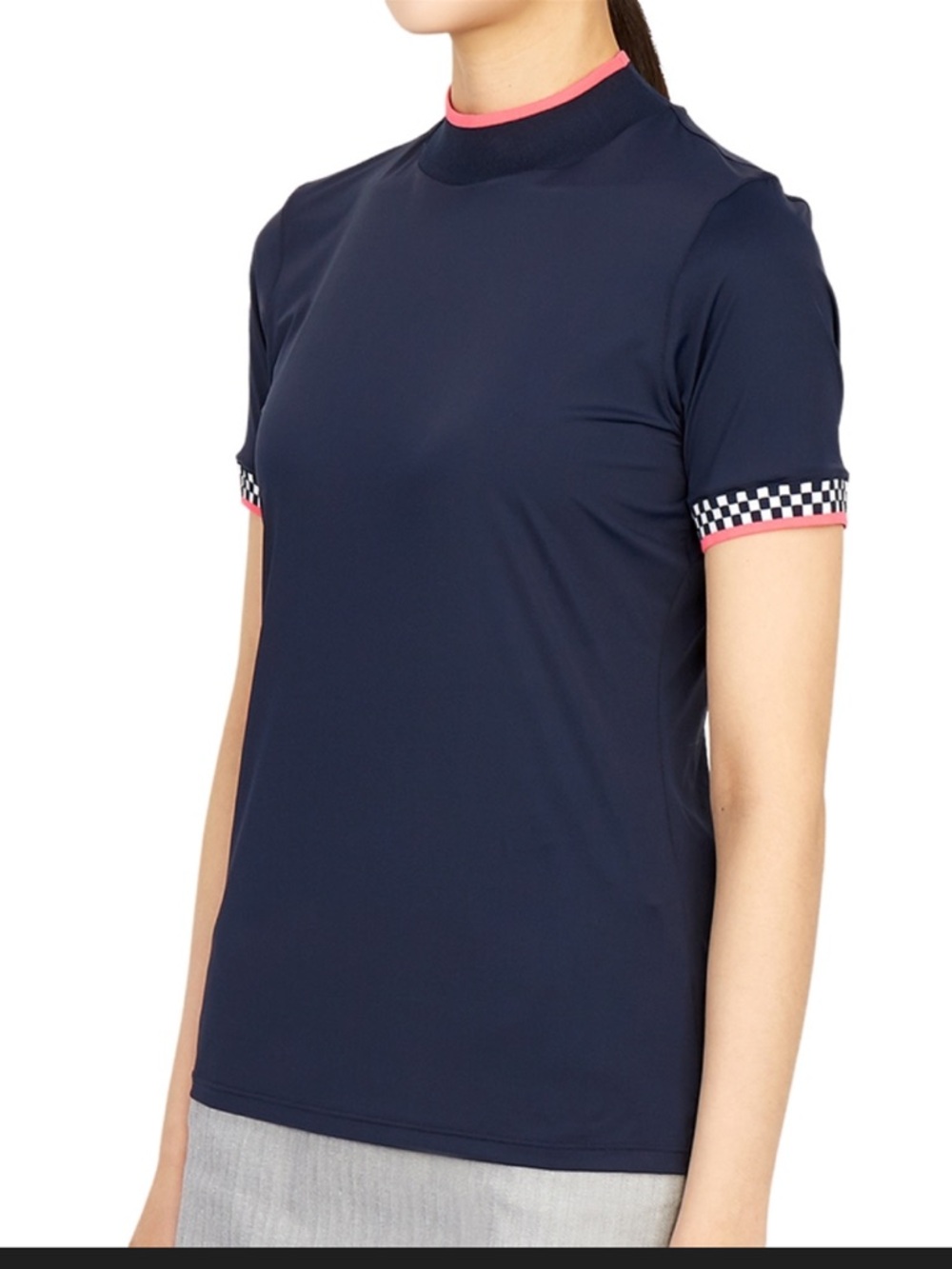 G/Fore navy blue pink checkered sleeve mock neck golf shirt top small s